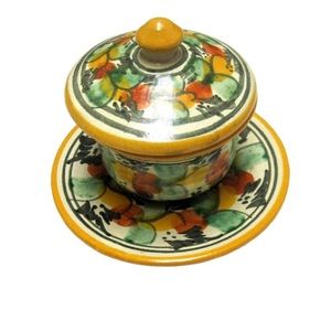 Mexican Pottery Bowl With Lid Saucer Tlaquepaque Yellow Green